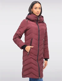 Adele Vegan Chevron-Quilted Long Coat with Detachable Hood & Side Slits by Saki