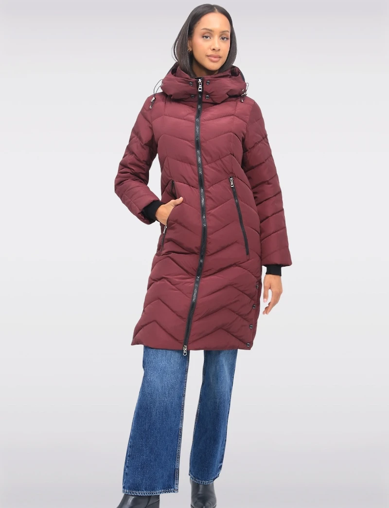 Adele Vegan Chevron-Quilted Long Coat with Detachable Hood & Side Slits by Saki