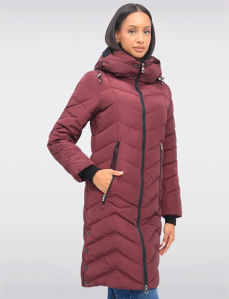 Adele Vegan Chevron-Quilted Long Coat with Detachable Hood & Side Slits by Saki