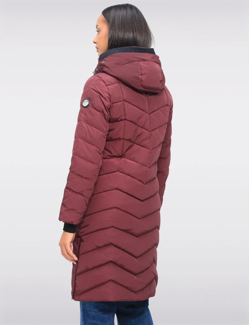Adele Vegan Chevron-Quilted Long Coat with Detachable Hood & Side Slits by Saki