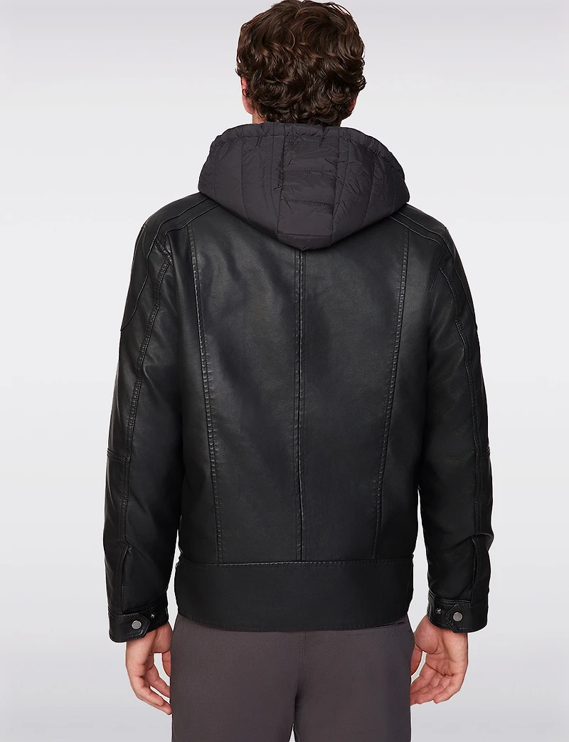 Men’s Vegan Leather Biker Jacket with Detachable Quilted Hood by Project Raw