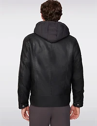 Men’s Vegan Leather Biker Jacket with Detachable Quilted Hood by Project Raw