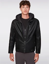 Men’s Vegan Leather Biker Jacket with Detachable Quilted Hood by Project Raw