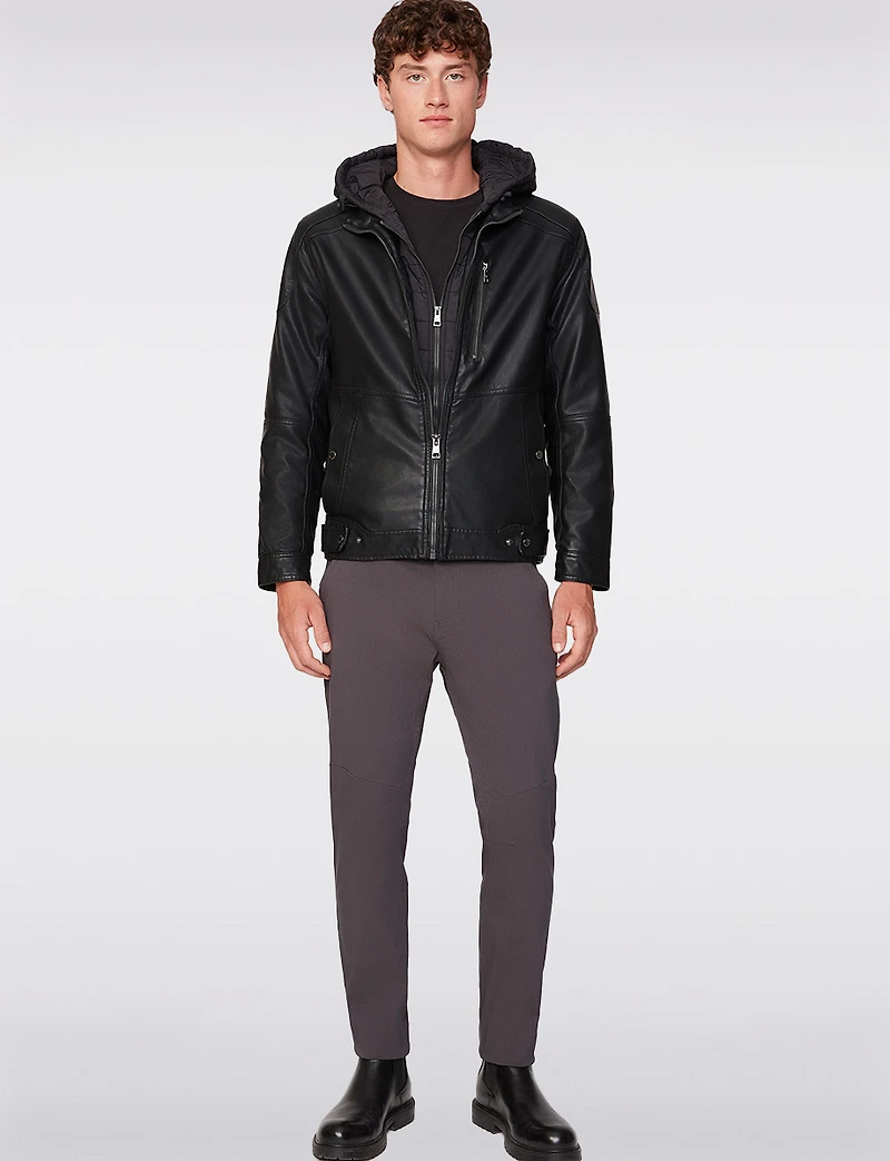 Men’s Vegan Leather Biker Jacket with Detachable Quilted Hood by Project Raw