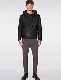 Men’s Vegan Leather Biker Jacket with Detachable Quilted Hood by Project Raw