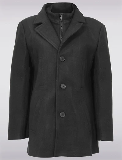 Wool-Blend Single-Breasted Coat with Notch Lapel Collar & Removable Bib by Saki