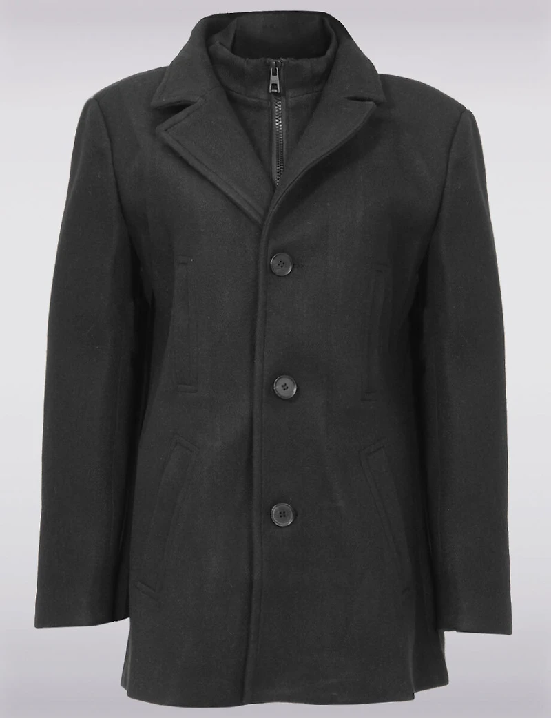 Wool-Blend Single-Breasted Coat with Notch Lapel Collar & Removable Bib by Saki