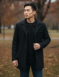 Wool-Blend Single-Breasted Coat with Notch Lapel Collar & Removable Bib by Saki