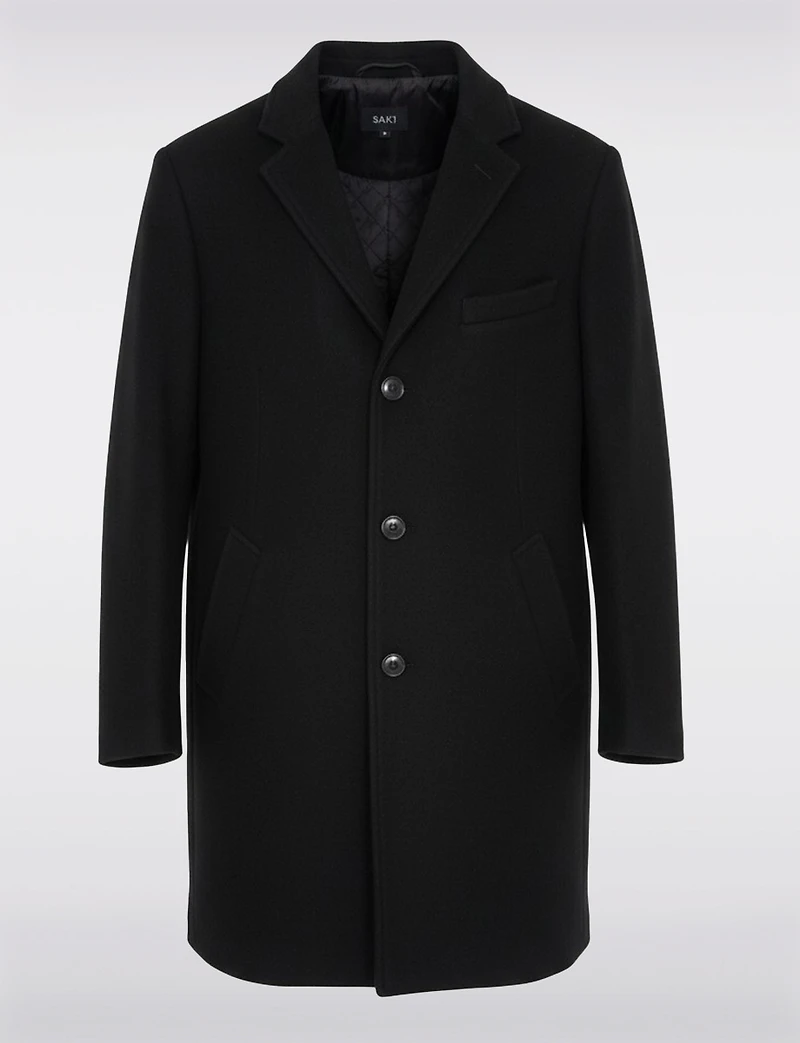 Single-Breasted Wool-Blend Coat with Notch Collar & Back Slit by Saki