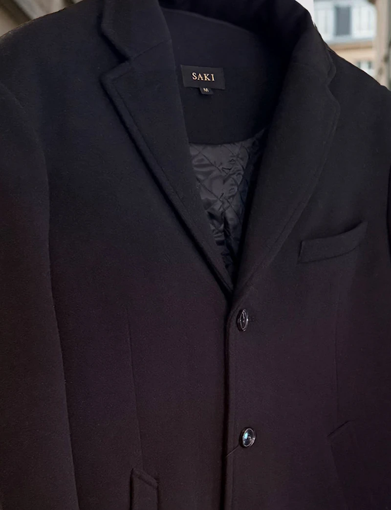 Single-Breasted Wool-Blend Coat with Notch Collar & Back Slit by Saki