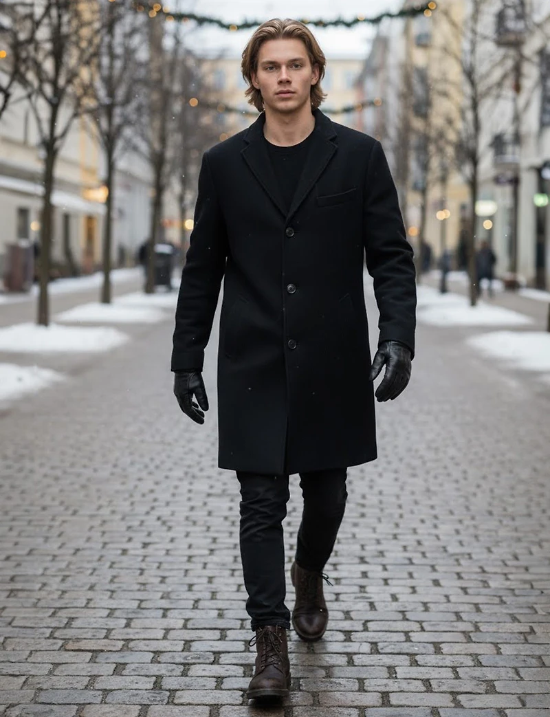 Single-Breasted Wool-Blend Coat with Notch Collar & Back Slit by Saki