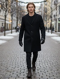 Single-Breasted Wool-Blend Coat with Notch Collar & Back Slit by Saki