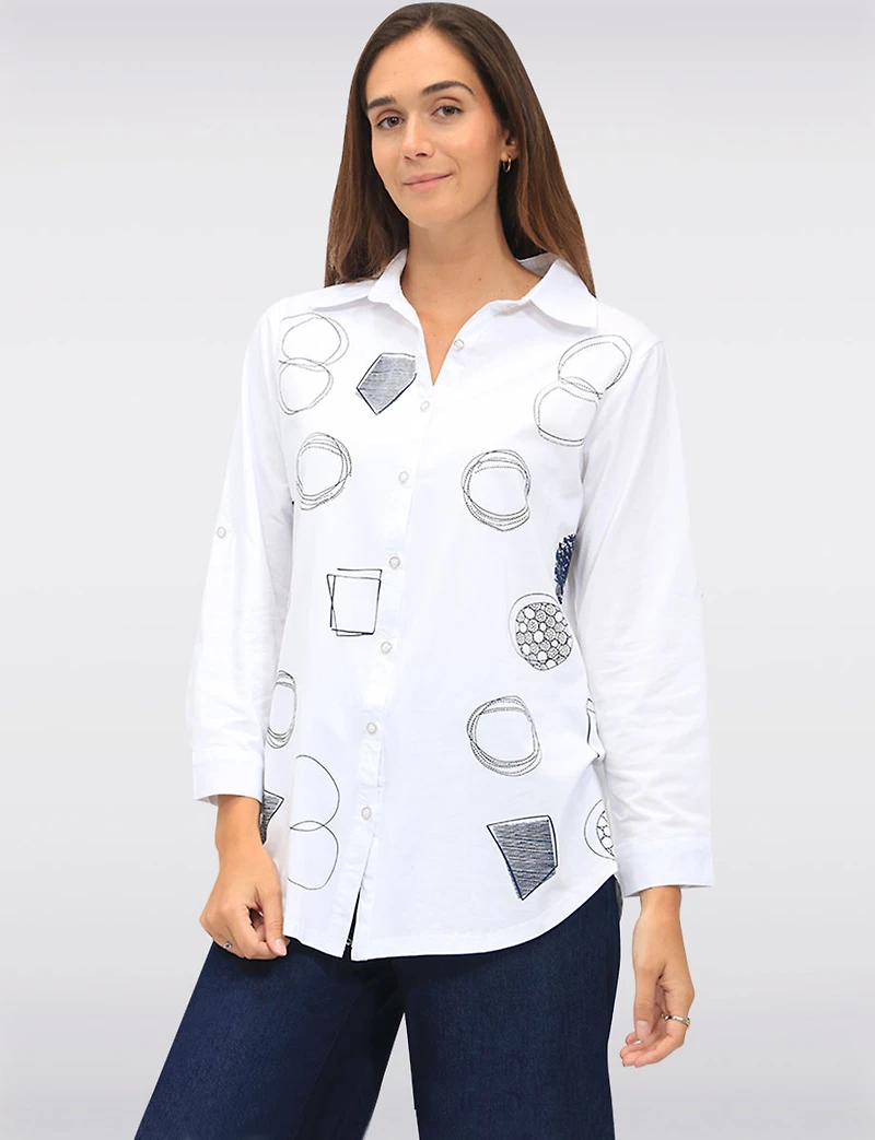 Button-Up Abstract Geometric Print Blouse with Button Tabs at the Hem by Goa