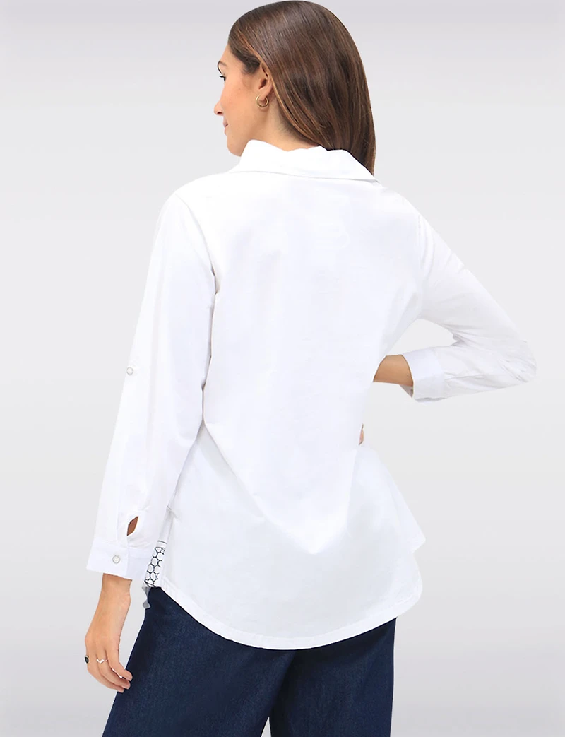 Button-Up Abstract Geometric Print Blouse with Button Tabs at the Hem by Goa