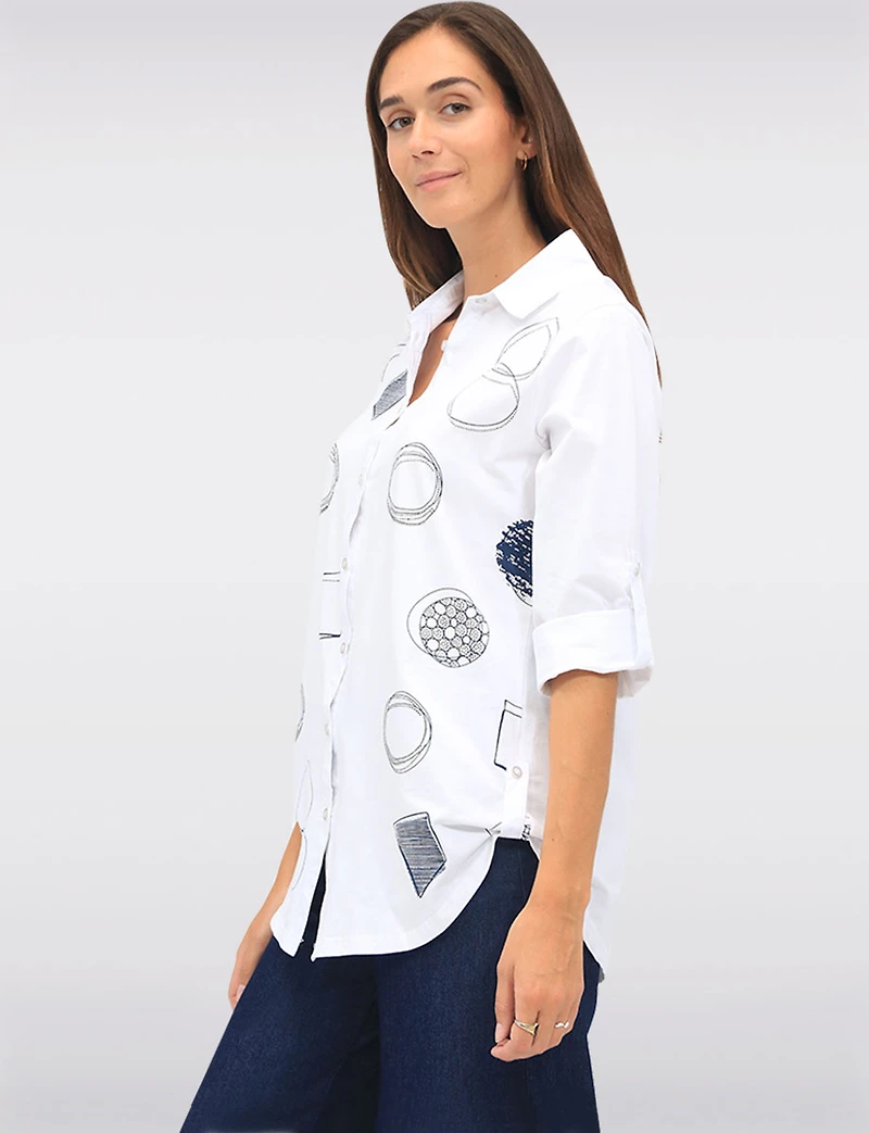Button-Up Abstract Geometric Print Blouse with Button Tabs at the Hem by Goa