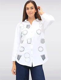 Button-Up Abstract Geometric Print Blouse with Button Tabs at the Hem by Goa