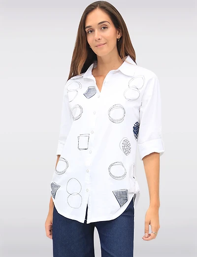 Button-Up Abstract Geometric Print Blouse with Button Tabs at the Hem by Goa