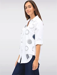 Button-Up Abstract Geometric Print Blouse with Button Tabs at the Hem by Goa
