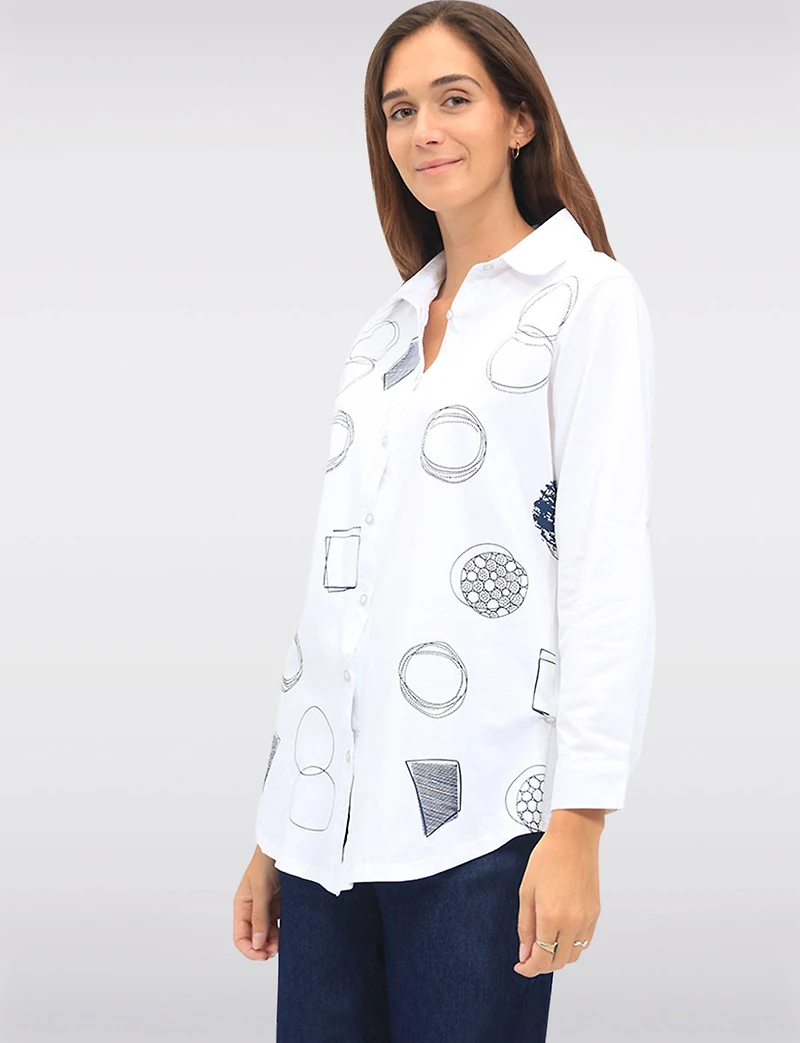 Button-Up Abstract Geometric Print Blouse with Button Tabs at the Hem by Goa