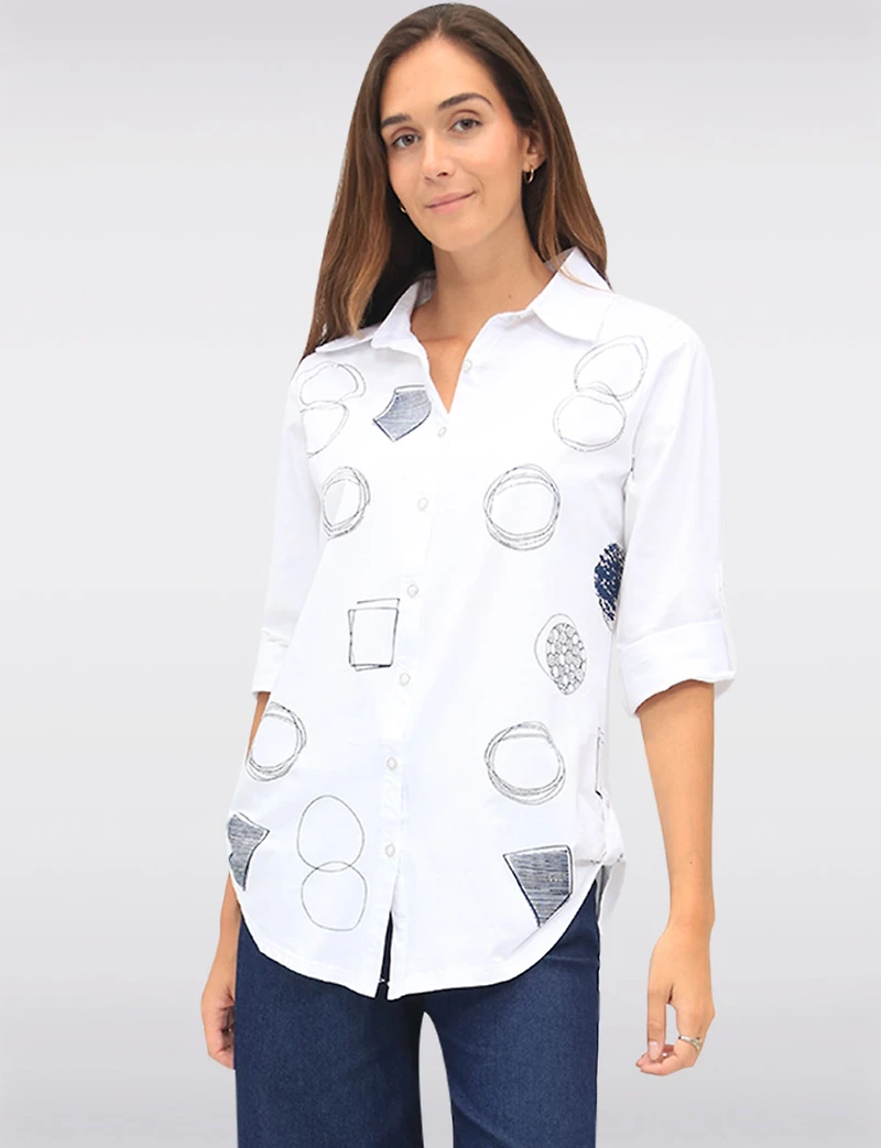Button-Up Abstract Geometric Print Blouse with Button Tabs at the Hem by Goa
