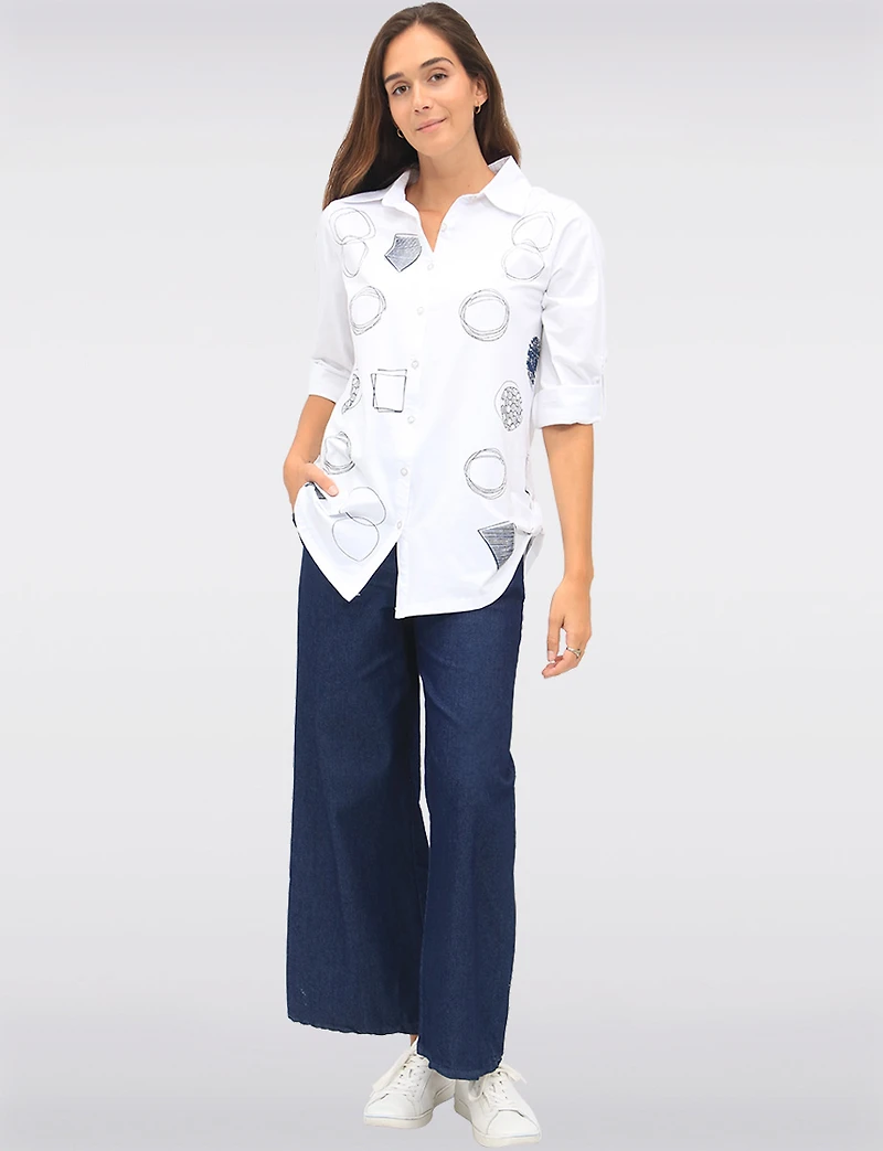 Button-Up Abstract Geometric Print Blouse with Button Tabs at the Hem by Goa