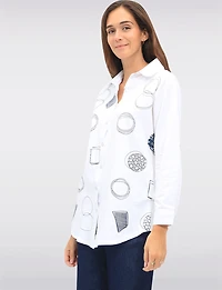 Button-Up Abstract Geometric Print Blouse with Button Tabs at the Hem by Goa