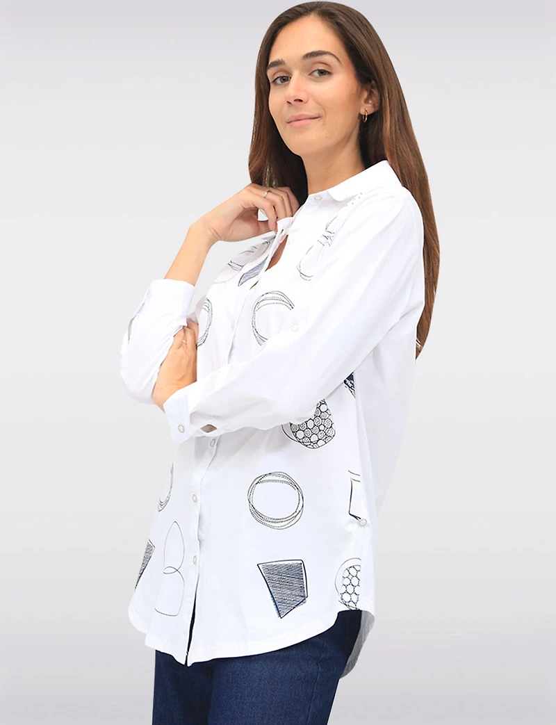 Button-Up Abstract Geometric Print Blouse with Button Tabs at the Hem by Goa