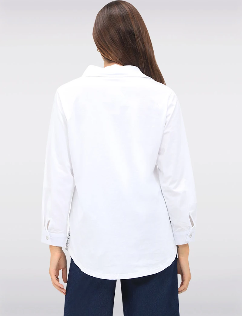 Button-Up Abstract Geometric Print Blouse with Button Tabs at the Hem by Goa