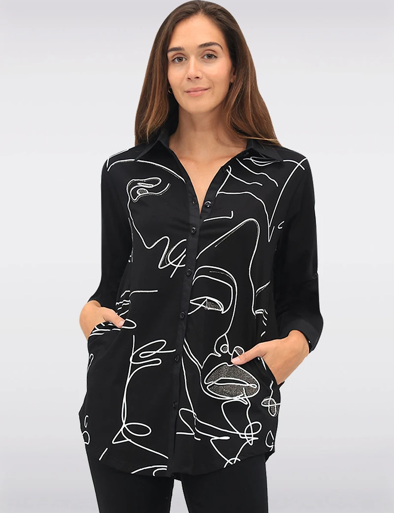Elegant Button-Front Shirt with Rhinestone Face Print and Side Pockets by Goa