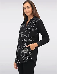 Elegant Button-Front Shirt with Rhinestone Face Print and Side Pockets by Goa