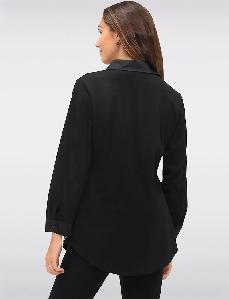 Elegant Button-Front Shirt with Rhinestone Face Print and Side Pockets by Goa