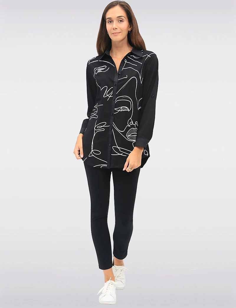 Elegant Button-Front Shirt with Rhinestone Face Print and Side Pockets by Goa