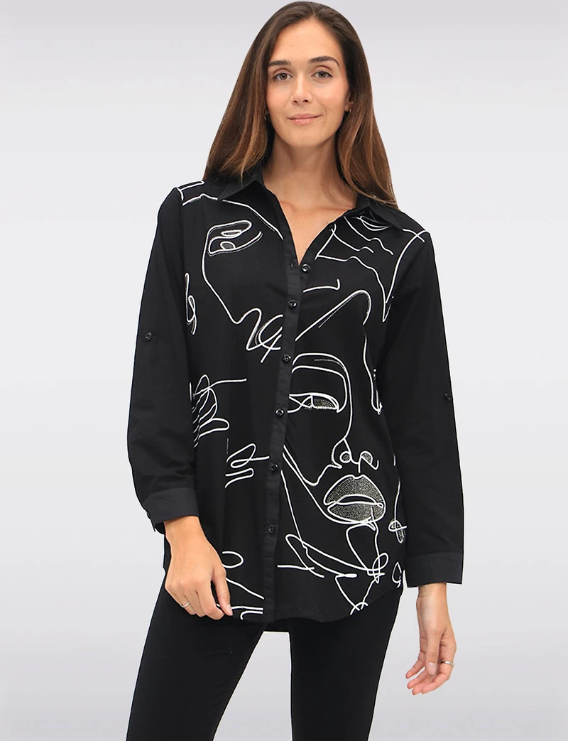 Elegant Button-Front Shirt with Rhinestone Face Print and Side Pockets by Goa