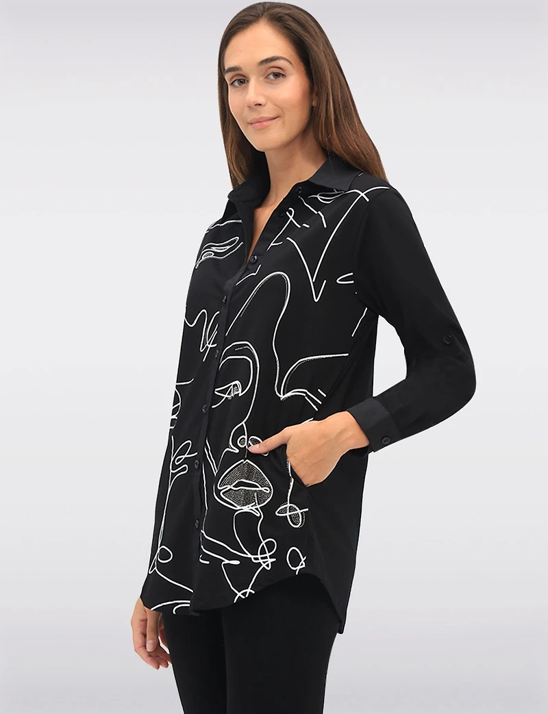 Elegant Button-Front Shirt with Rhinestone Face Print and Side Pockets by Goa