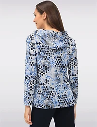 Cozy Chic Blue Printed Knit Hooded Sweater with Long Sleeves by Perle