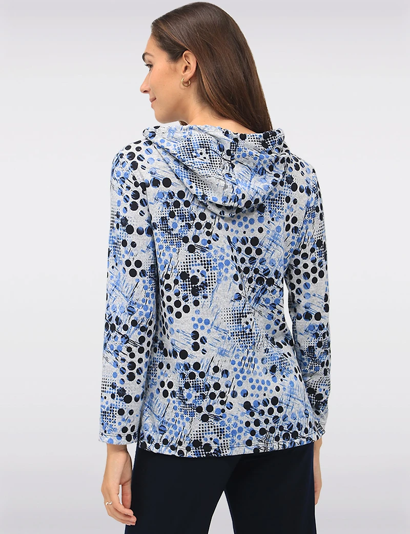 Cozy Chic Blue Printed Knit Hooded Sweater with Long Sleeves by Perle