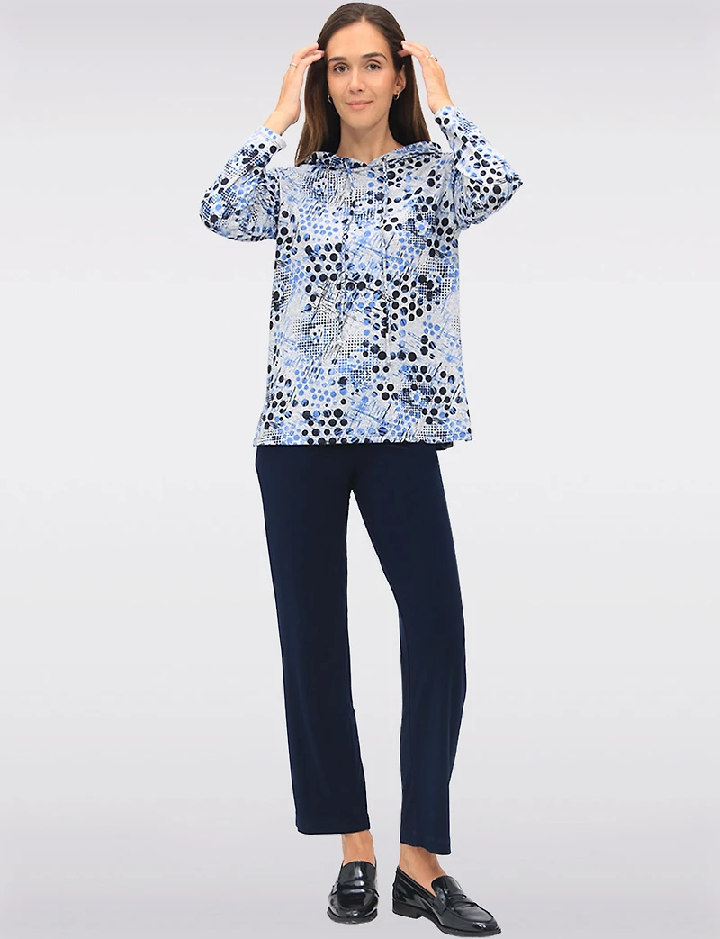 Cozy Chic Blue Printed Knit Hooded Sweater with Long Sleeves by Perle