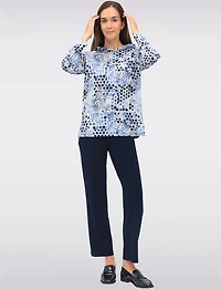 Cozy Chic Blue Printed Knit Hooded Sweater with Long Sleeves by Perle