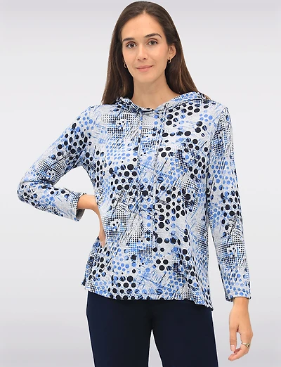 Cozy Chic Blue Printed Knit Hooded Sweater with Long Sleeves by Perle