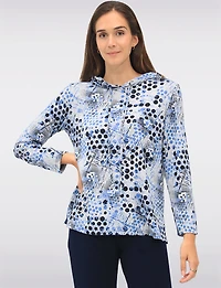 Cozy Chic Blue Printed Knit Hooded Sweater with Long Sleeves by Perle