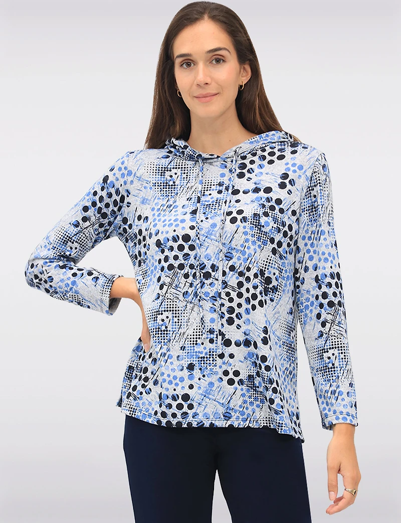 Cozy Chic Blue Printed Knit Hooded Sweater with Long Sleeves by Perle