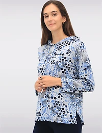 Cozy Chic Blue Printed Knit Hooded Sweater with Long Sleeves by Perle