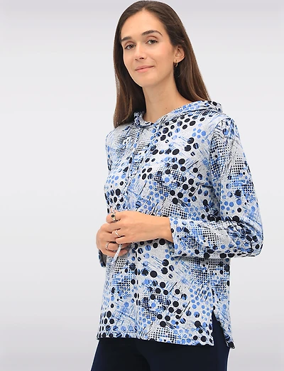 Cozy Chic Blue Printed Knit Hooded Sweater with Long Sleeves by Perle