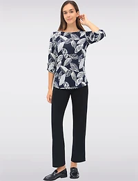 Textured Print 3/4 Sleeve Cuffed-Button  Tab Knit Top with Round Hem by Perle