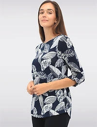 Textured Print 3/4 Sleeve Cuffed-Button  Tab Knit Top with Round Hem by Perle