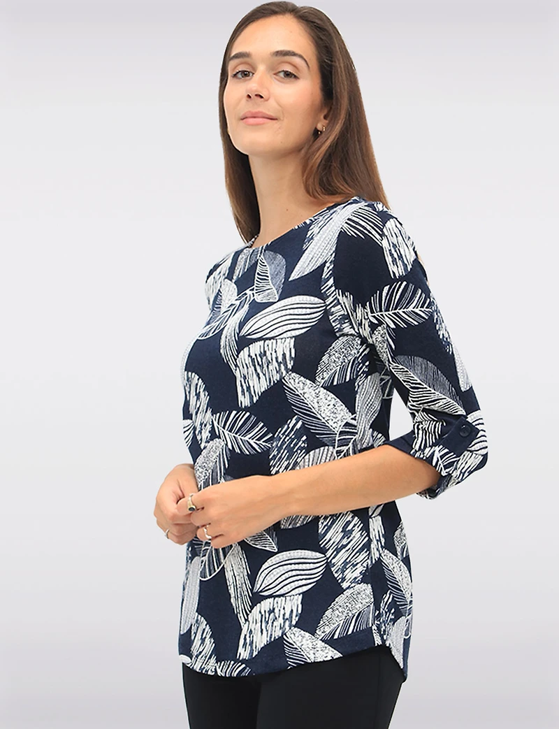 Textured Print 3/4 Sleeve Cuffed-Button  Tab Knit Top with Round Hem by Perle