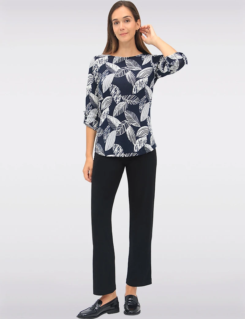 Textured Print 3/4 Sleeve Cuffed-Button  Tab Knit Top with Round Hem by Perle