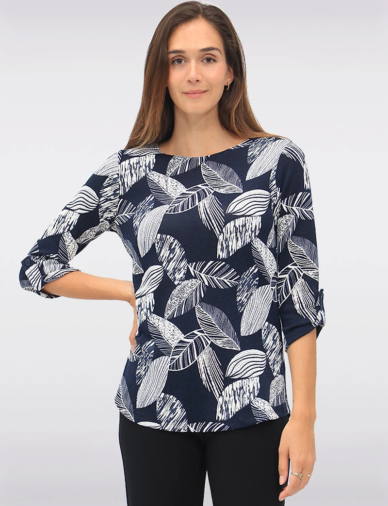 Textured Print 3/4 Sleeve Cuffed-Button Tab Knit Top with Round Hem by Perle