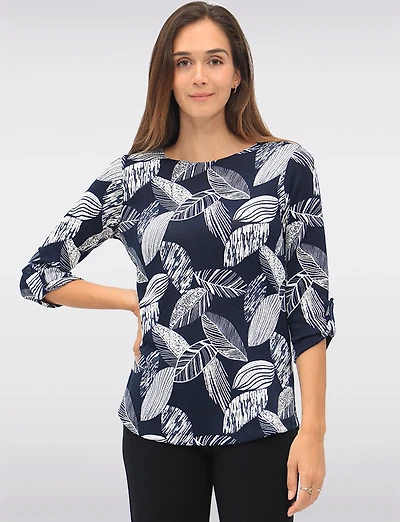 Textured Print 3/4 Sleeve Cuffed-Button  Tab Knit Top with Round Hem by Perle
