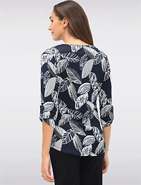 Textured Print 3/4 Sleeve Cuffed-Button  Tab Knit Top with Round Hem by Perle